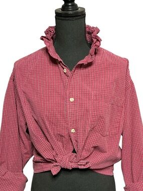 Ruffle Collar Upcycled Wrangler Shirt Red Plaid Western